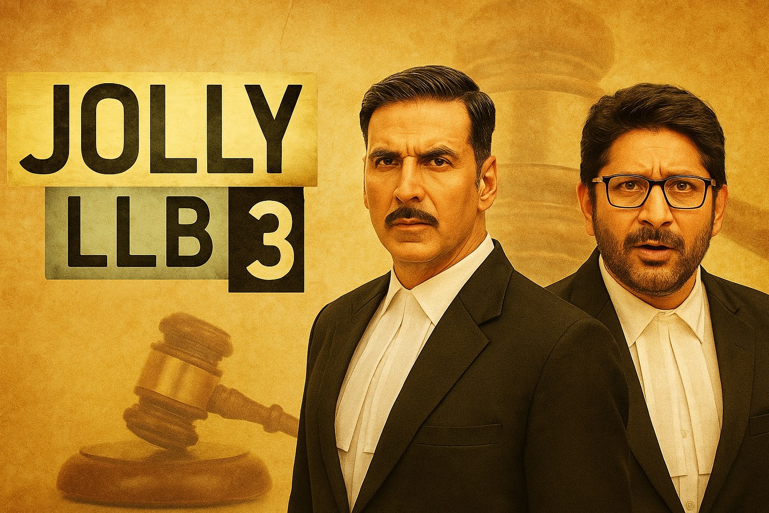 Jolly LLB 3 movie poster featuring Akshay Kumar and Arshad Warsi in courtroom attire.