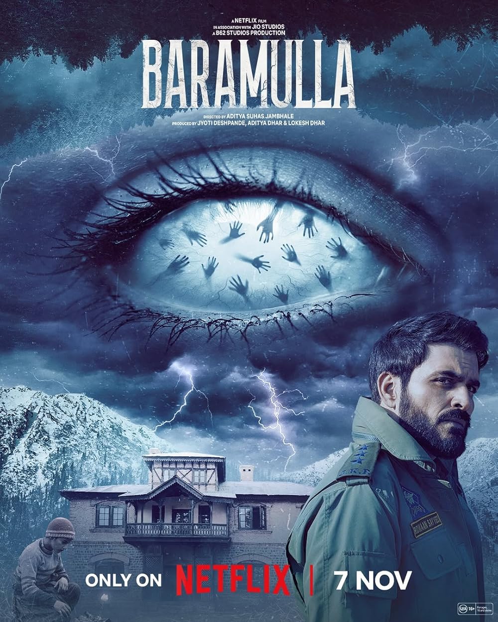 Baramulla (2025) movie poster with a blue eye, snowy valley, and main character.