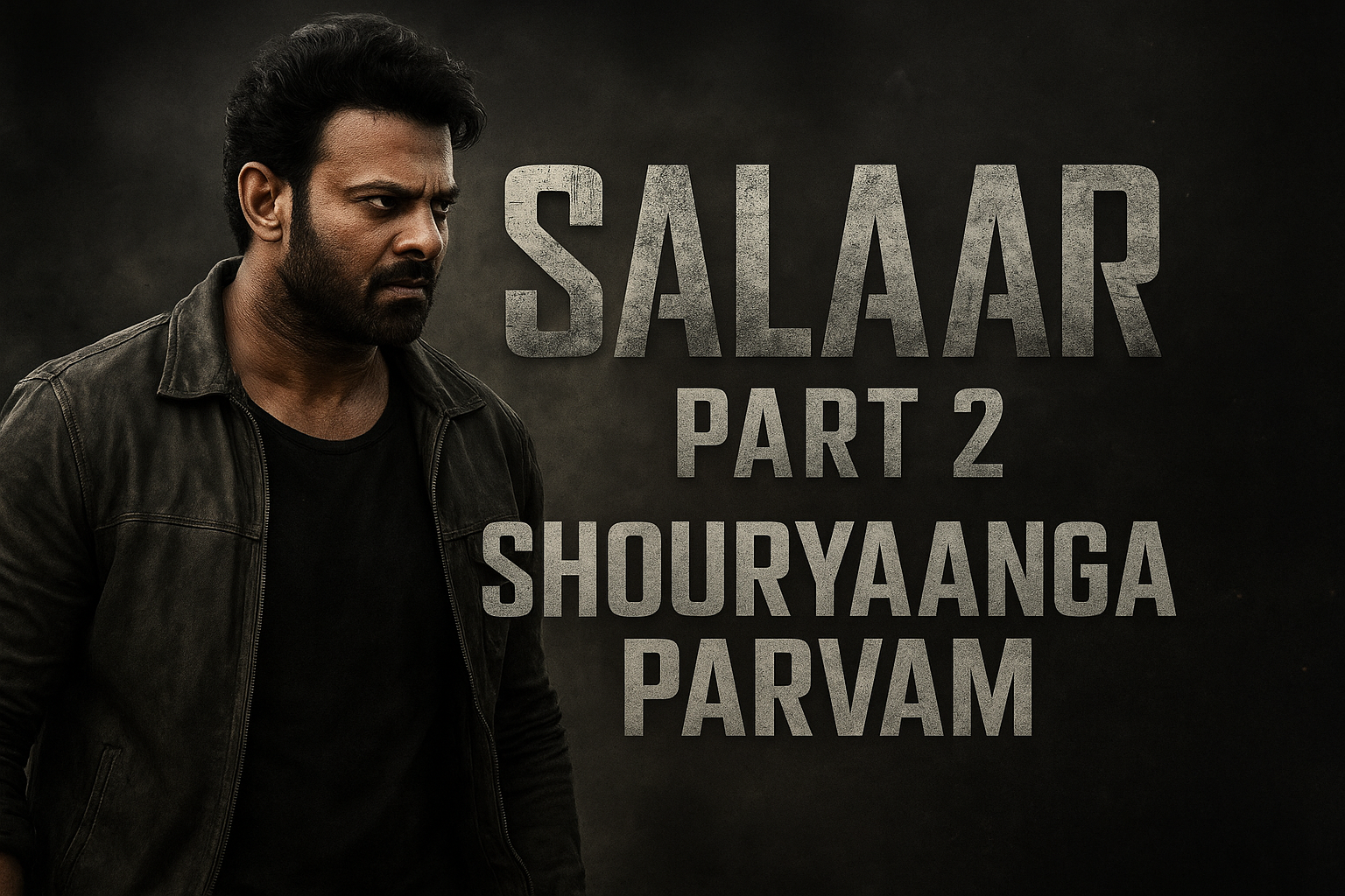 Salaar Part 2: Shouryaanga Parvam ka poster jisme Parbhash serious look me dikh raha hai background ke saath dikh raha hai.