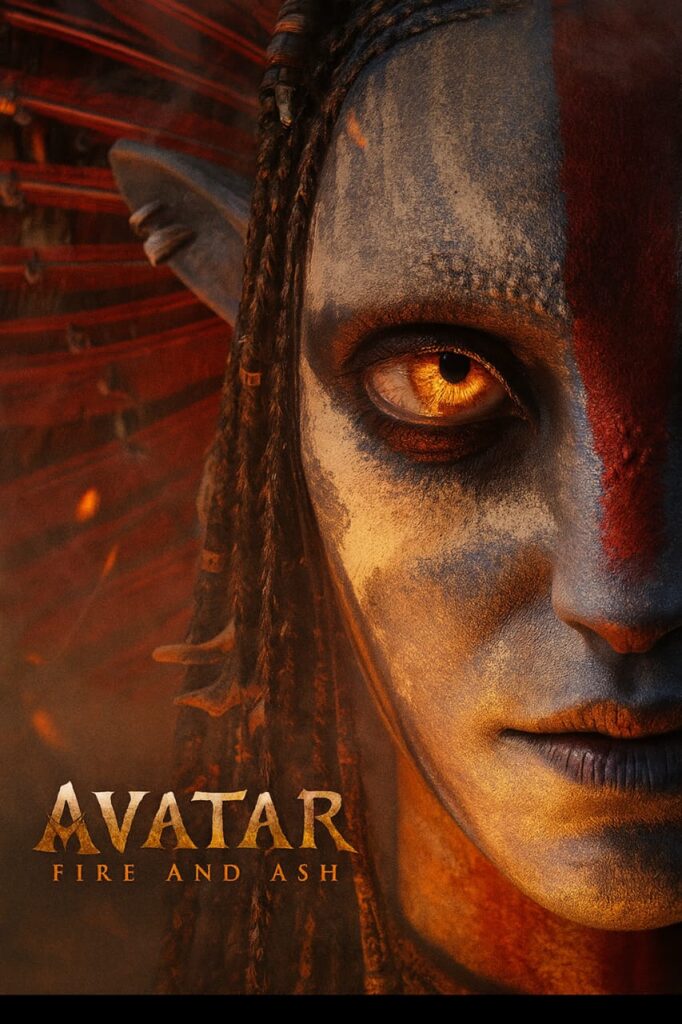 Avatar: Fire and Ash Release Date poster featuring a Na’vi warrior from Pandora with fiery orange eyes and tribal paint.