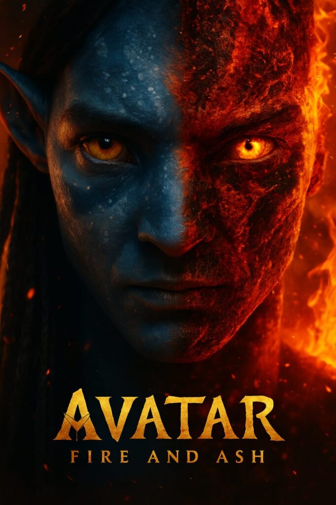 “Avatar: Fire and Ash movie poster showing Na’vi character half blue and half burning with fire, glowing orange eyes.”