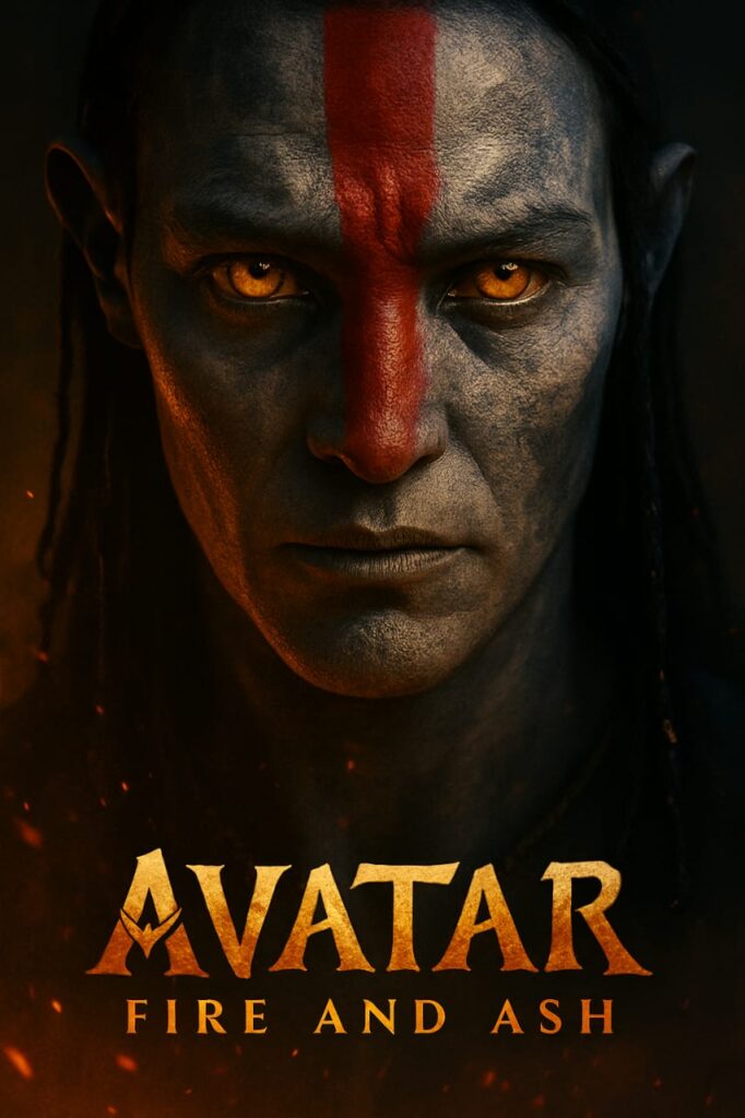 “Avatar Fire and Ash poster showing Na’vi warrior with red war paint and glowing eyes in fiery background.”