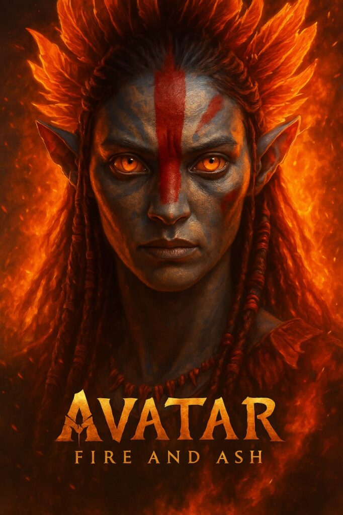 “Avatar Fire and Ash poster featuring a fierce Na’vi female with fiery headdress, glowing eyes and red war paint.”