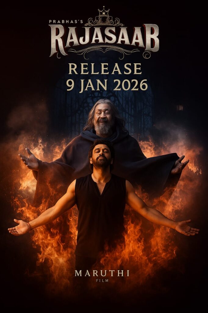Poster of Prabhas’s film The Raja Saab, releasing on 9 Jan 2026, directed by Maruthi.
