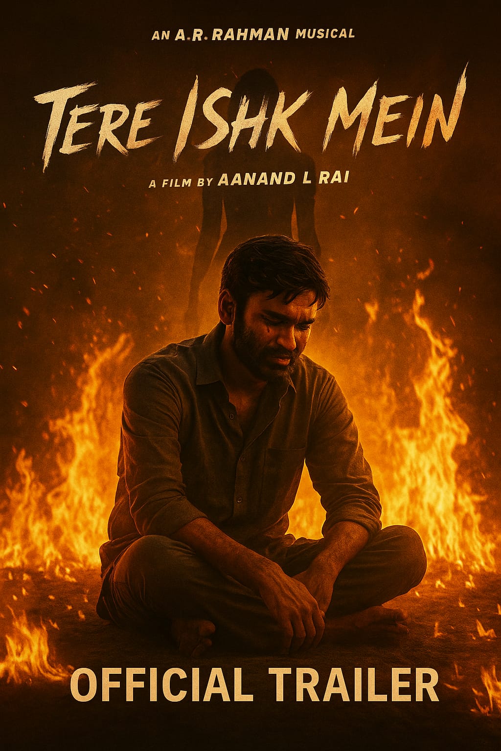 Dhanush sitting in fire with heroine’s soul behind in intense Tere Ishk Mein Movie (2025) poster.