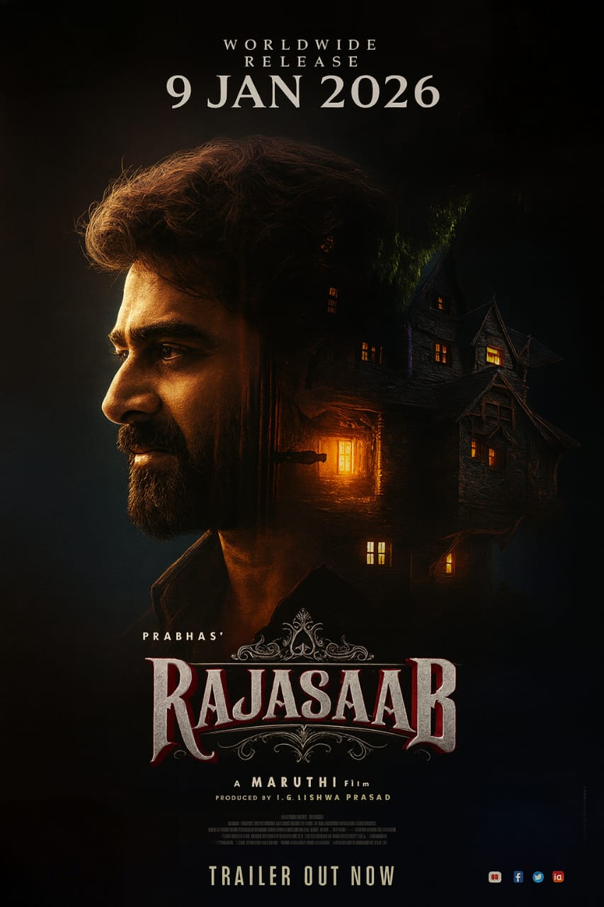 “Prabhas in intense look with dark haunted house background – RajasaaB movie poster, releasing 9 Jan 2026.”