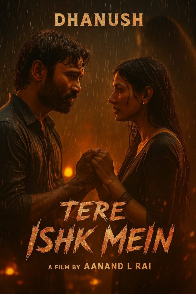 Dhanush and heroine in rain with fiery Tere Ishq Mein title.