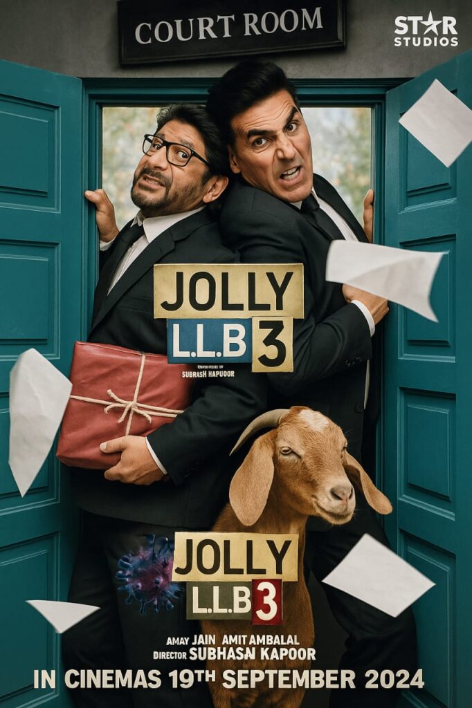 Jolly LLB 3 movie poster with two lawyers stuck in a doorway and a goat at the bottom.