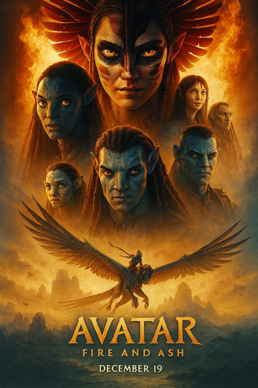 Avatar: Fire and Ash movie poster with Na’vi characters and flying creature in fiery background.