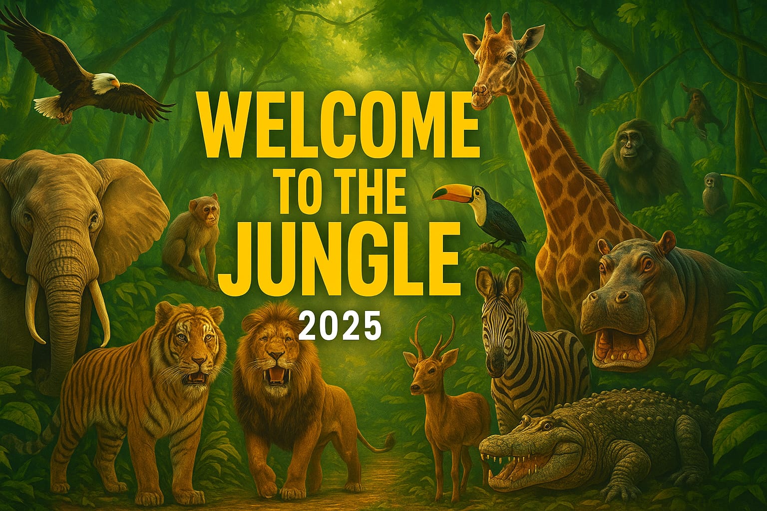 Welcome to the Jungle 2025 poster with wild animals in a lush green forest