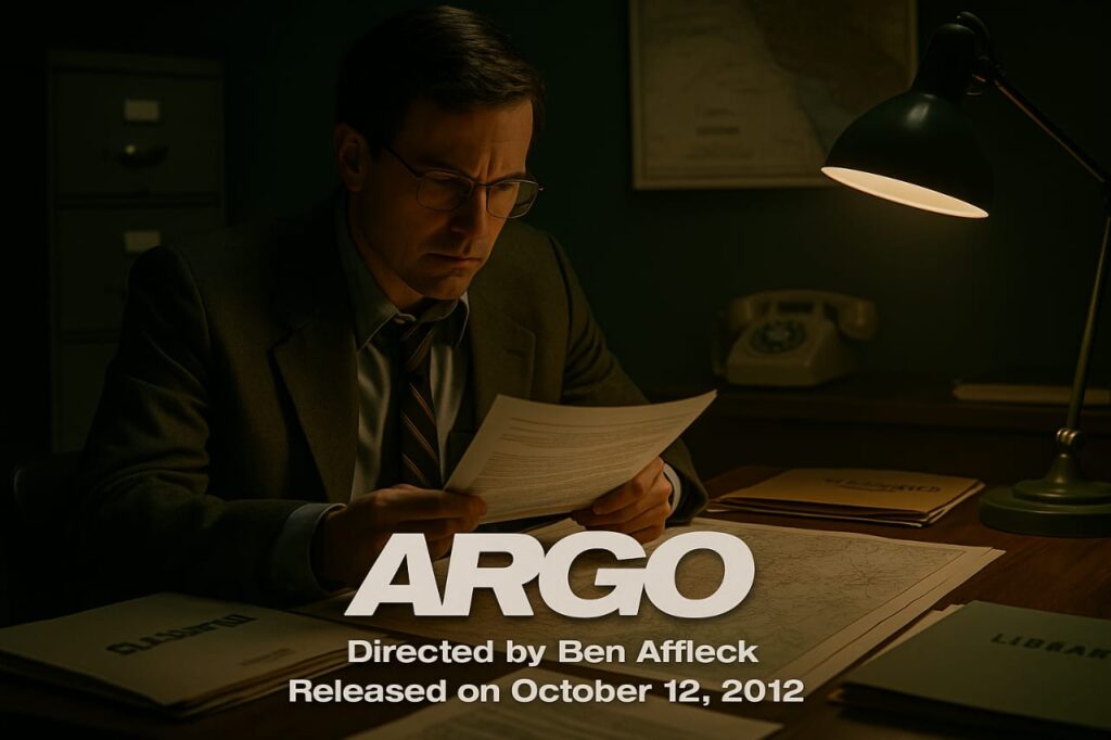 Argo movie poster showing a CIA agent studying secret documents.