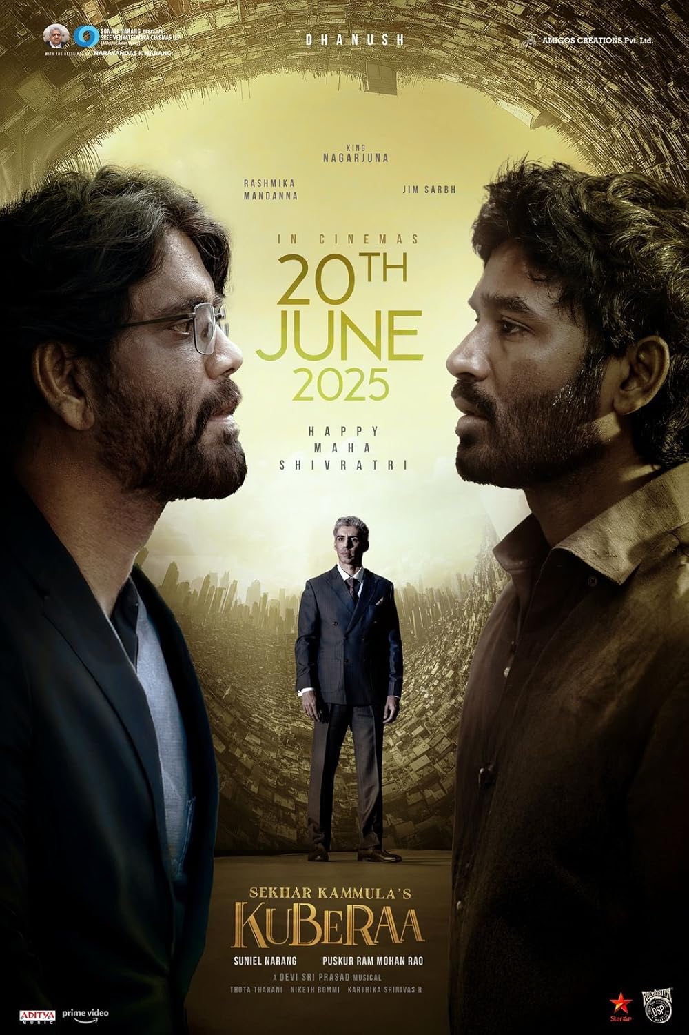 Kuberaa movie official poster featuring Dhanush and Nagarjuna facing each other, with the release date 20th June 2025 in the background.