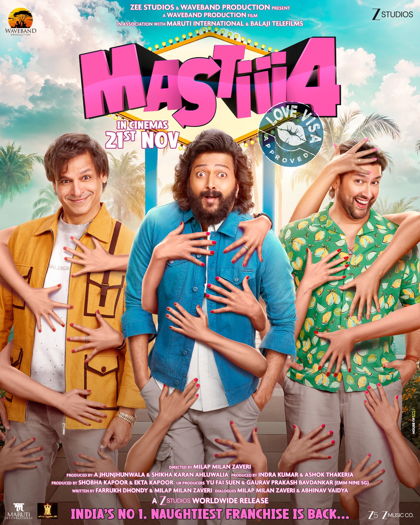 Mastiii 4 movie poster featuring Riteish Deshmukh, Vivek Oberoi and Aftab Shivdasani with multiple hands around them, promoting the film’s 21st November theatrical release.