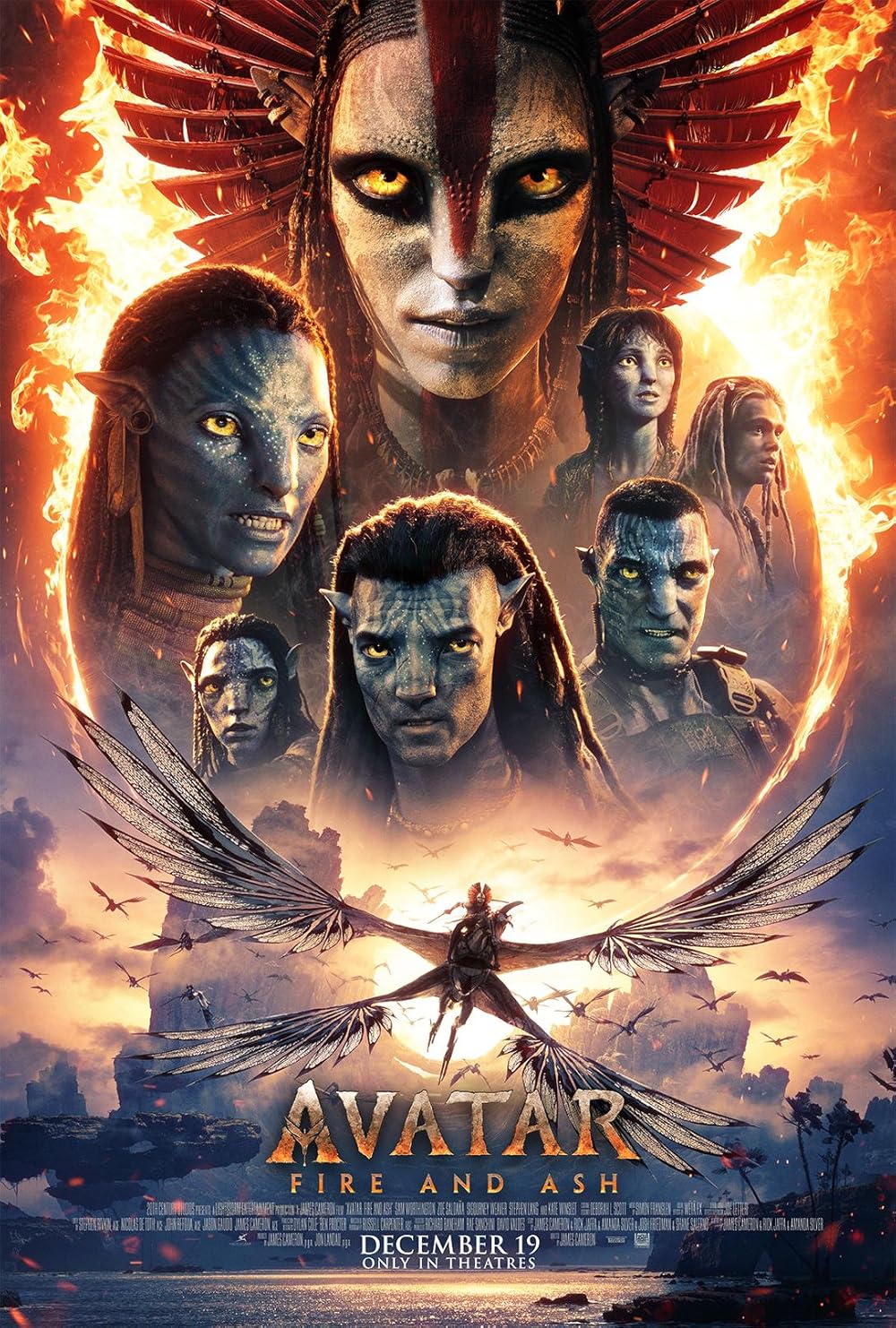 Official-style poster of Avatar: Fire and Ash, showing several Na’vi characters surrounded by flames, with one flying a large winged creature against a glowing sunset sky.