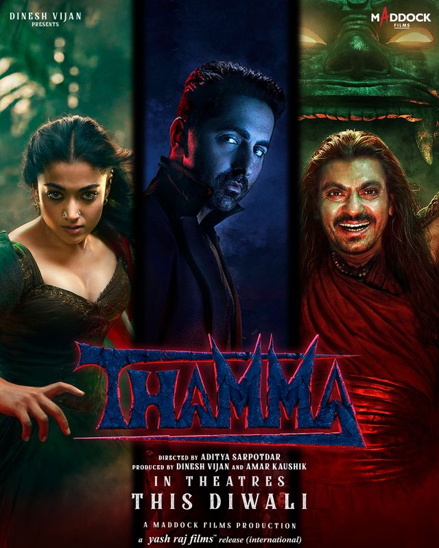 Thamma movie poster featuring Ayushmann Khurrana, Rashmika Mandanna, and a mysterious character in a horror-comedy theme.