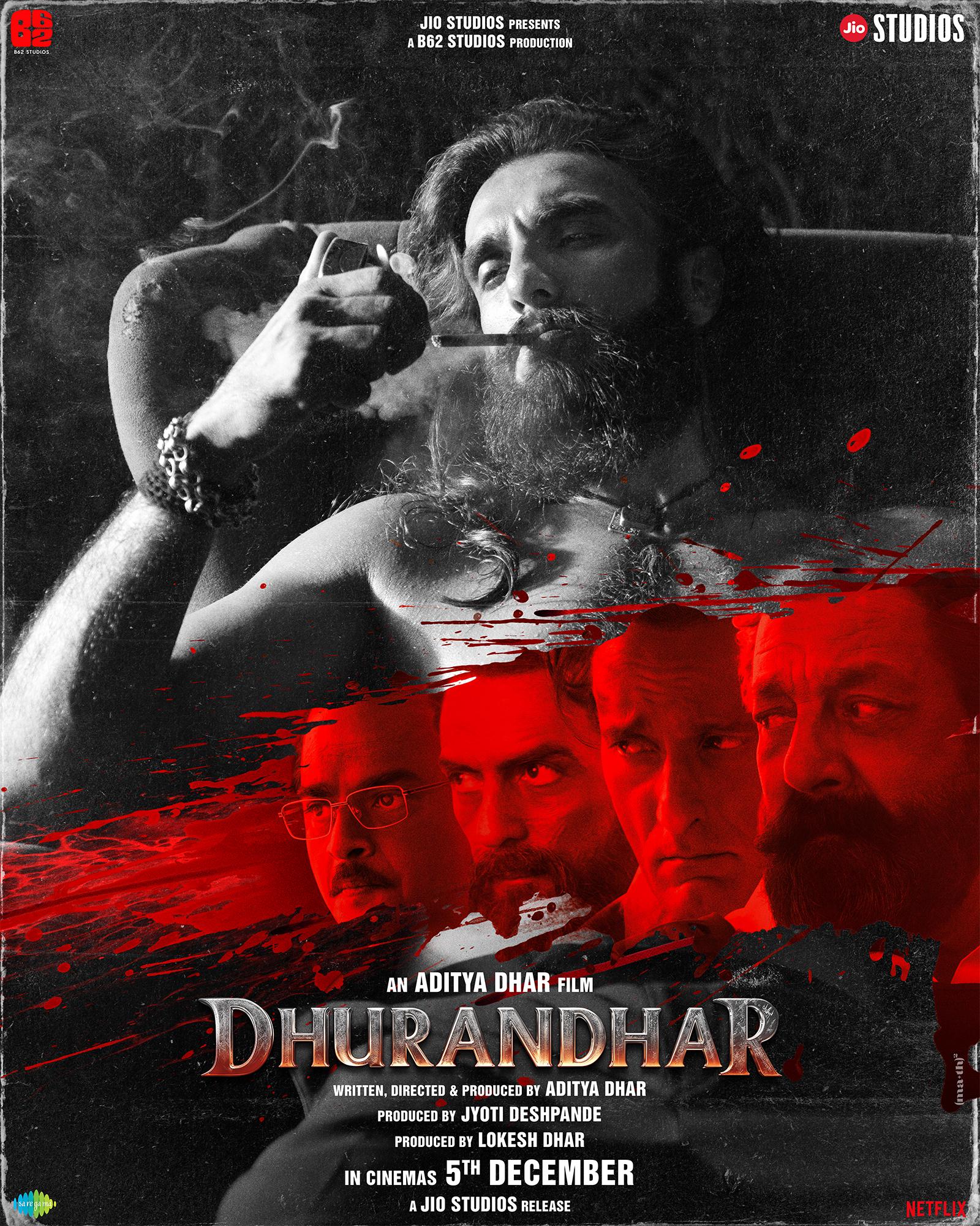 Dhurandhar movie poster with intense characters and dark theme.