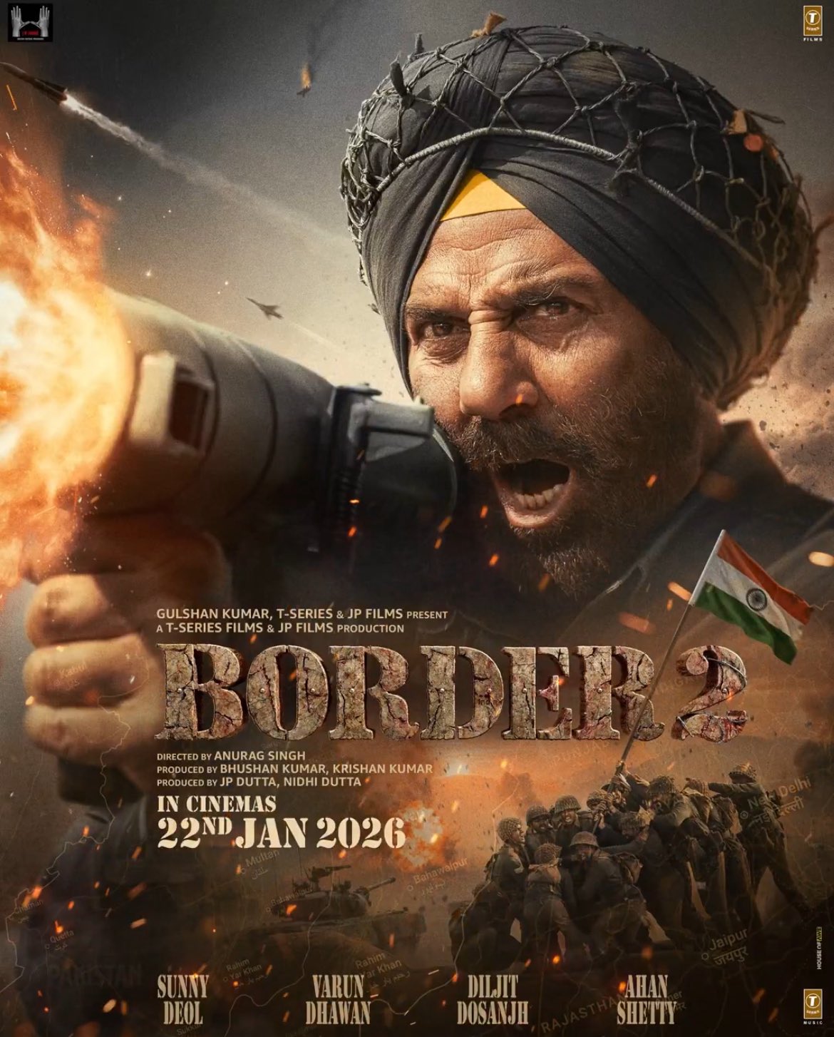 Border 2 movie poster showing a soldier firing a weapon with release date 22 January 2026.