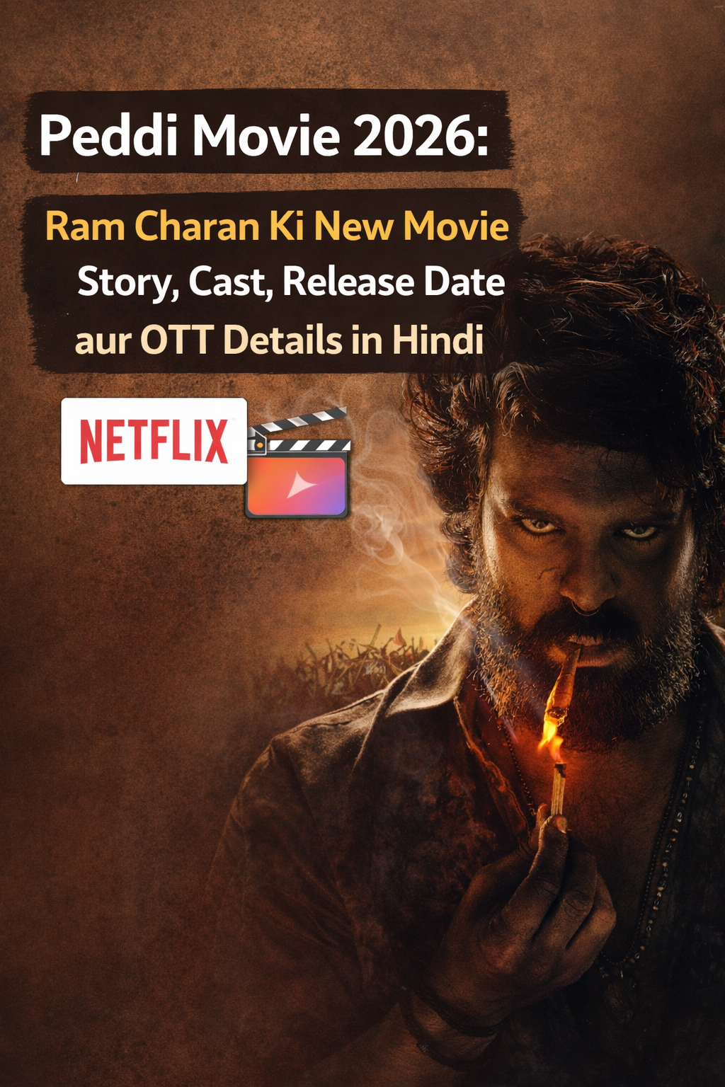 Peddi Movie 2026 featured image showing Ram Charan in an intense rustic look holding a burning matchstick