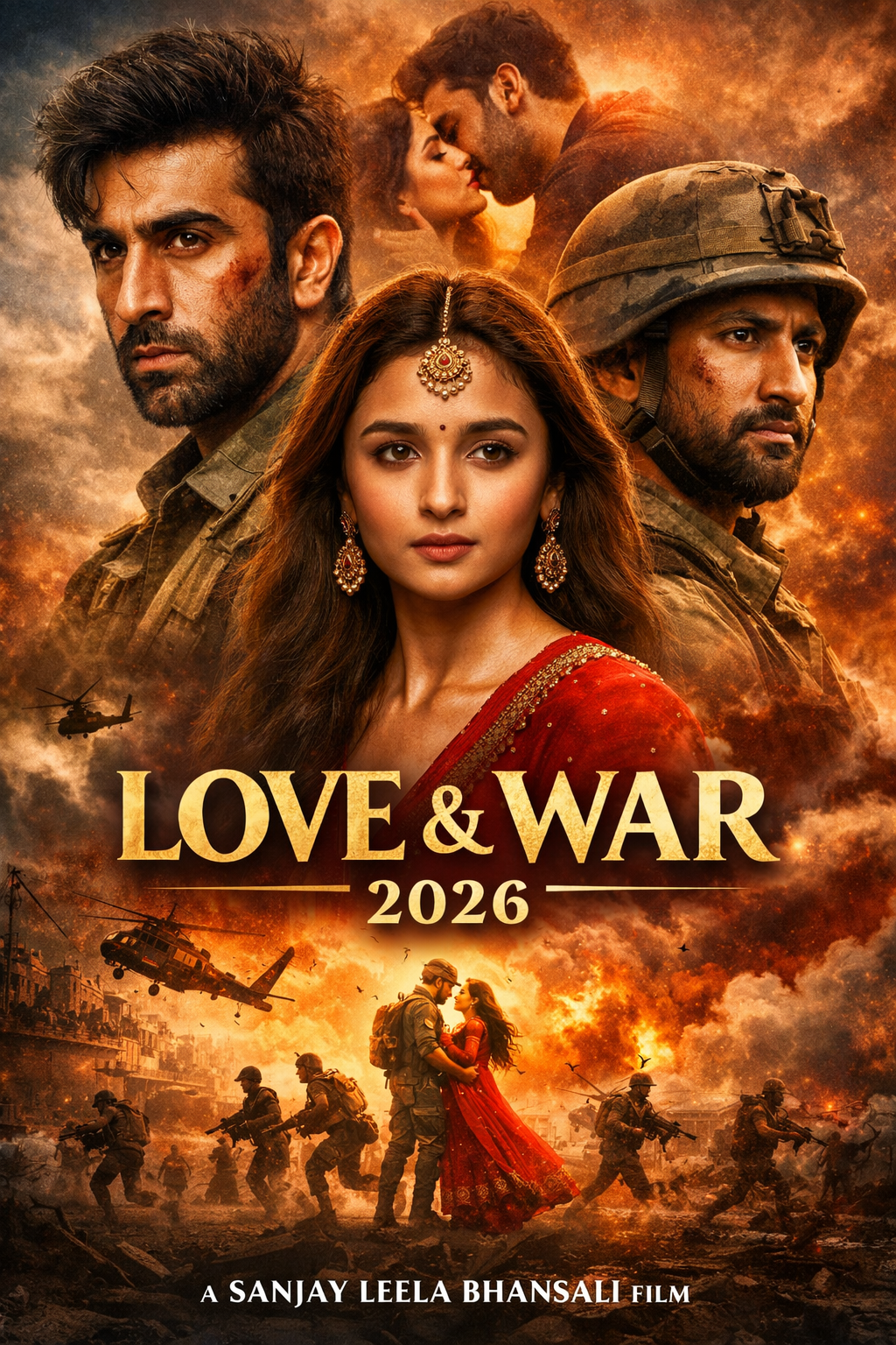 Love & War 2026 Movie poster featuring Ranbir Kapoor, Alia Bhatt and Vicky Kaushal in an intense romantic war backdrop, directed by Sanjay Leela Bhansali