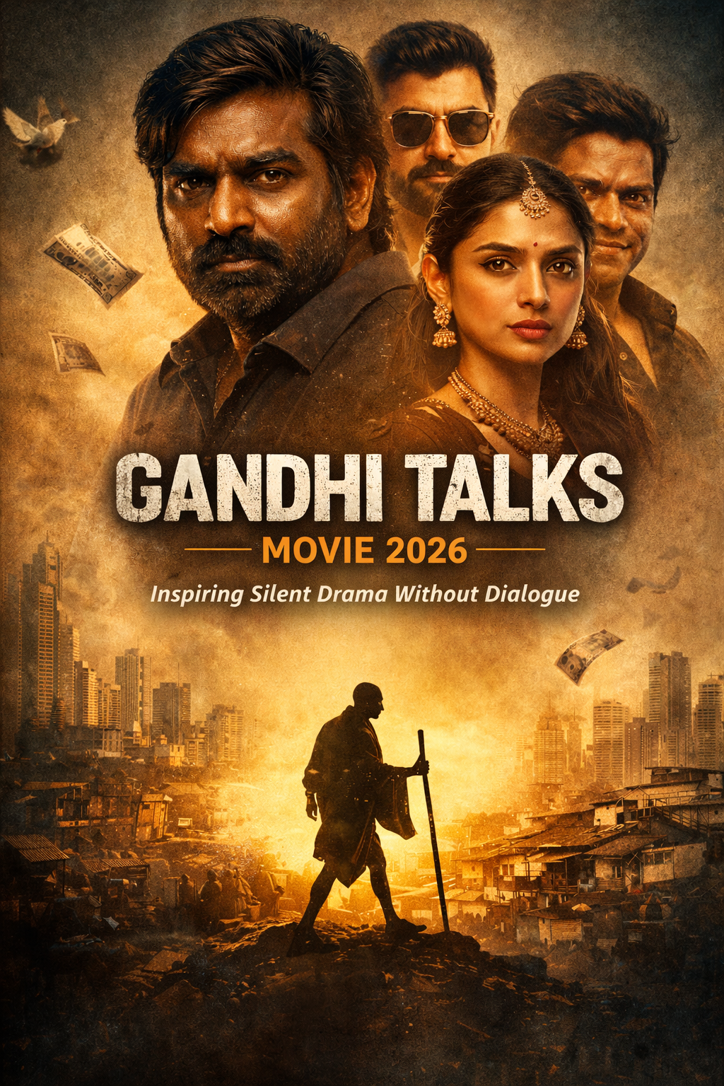 Gandhi Talks Movie 2026 featured image showing Vijay Sethupathi and Aditi Rao Hydari in an inspiring silent drama with Mahatma Gandhi silhouette.