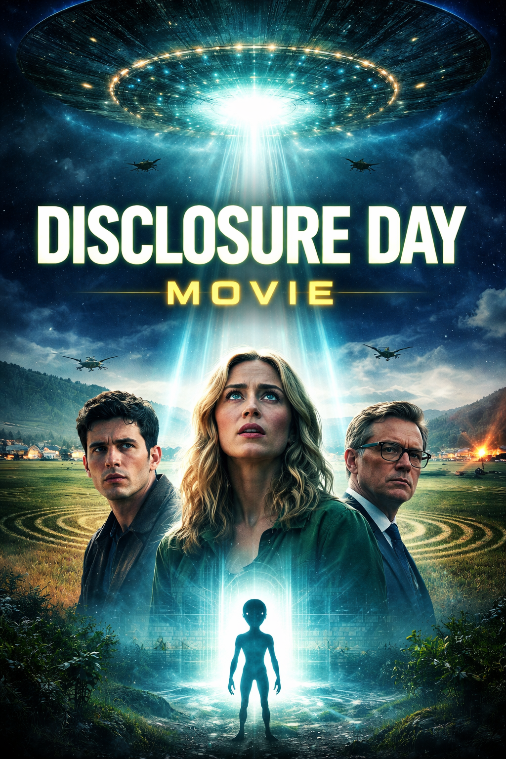 Disclosure Day Movie poster showing Emily Blunt and UFOs with a mysterious alien figure.