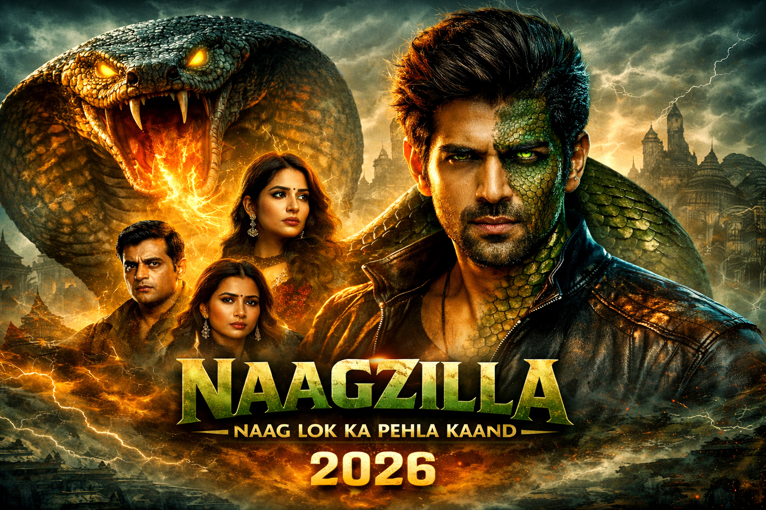 Naagzilla Movie 2026 poster featuring Kartik Aaryan as an ichchhadhari naag with Naag Lok background