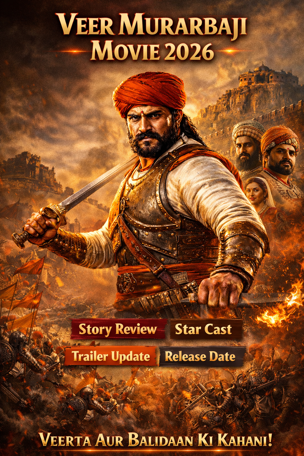 Veer Murarbaji Movie 2026 poster showing Maratha warrior Murarbaji Deshpande in battle armor with sword, historical action film