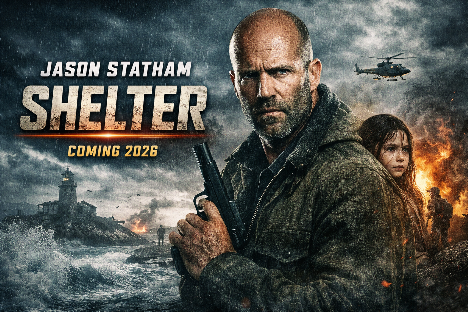 Shelter Movie 2026 featured image showing Jason Statham in an intense action look during a stormy coastal setting, highlighting the upcoming Hollywood action thriller.