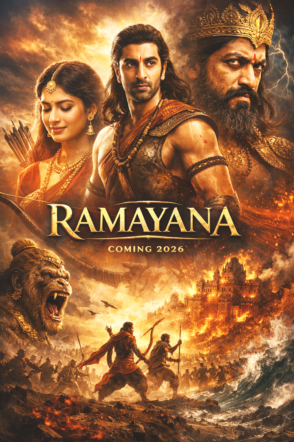Ramayana Movie 2026 poster showing Ranbir Kapoor as Lord Ram, Sai Pallavi as Mata Sita and Yash as Raavan in epic mythological film by Nitesh Tiwari