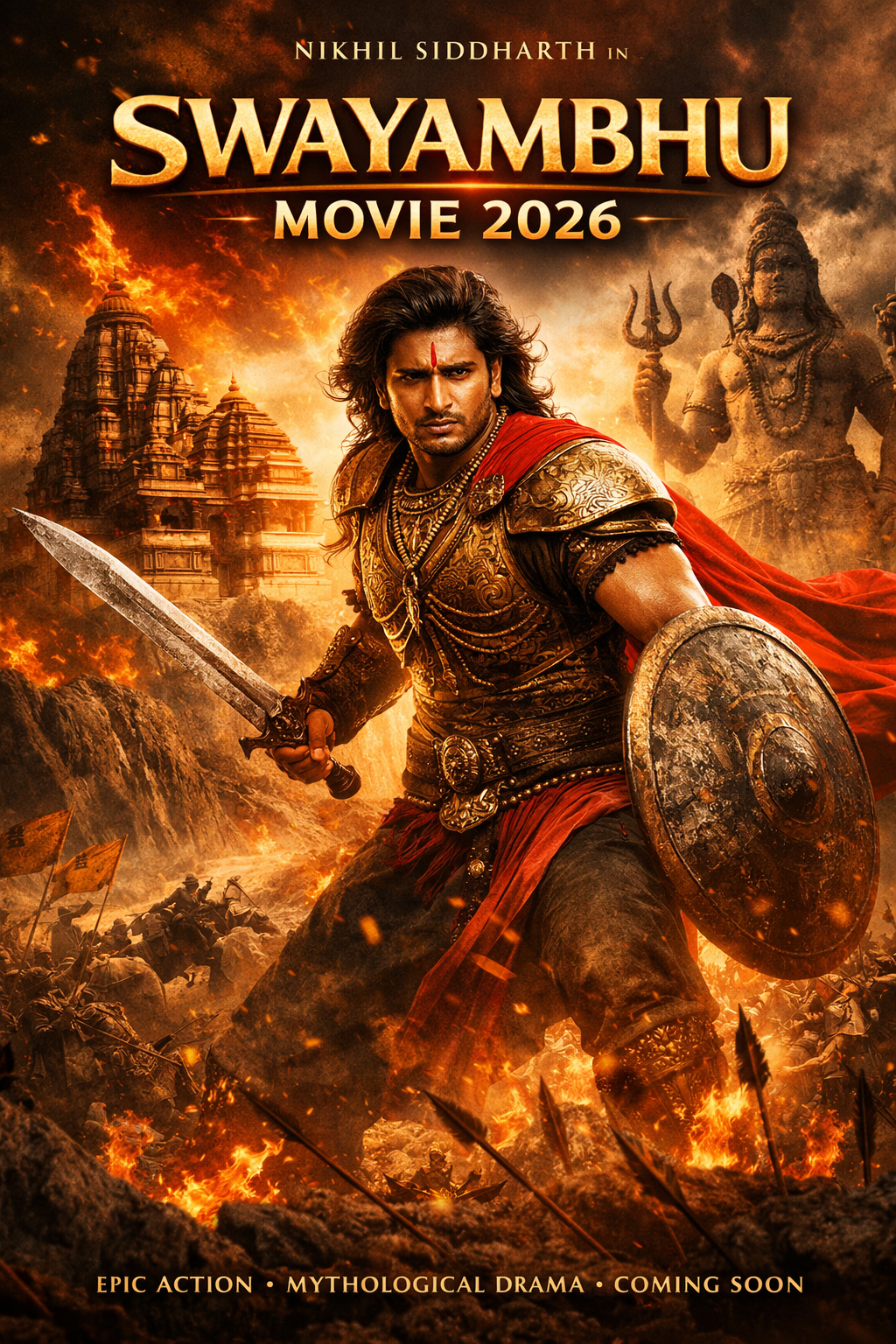 Epic mythological movie poster of Swayambhu Movie 2026 featuring a warrior in ancient armor holding sword and shield, dramatic battlefield background, action fantasy Indian film.