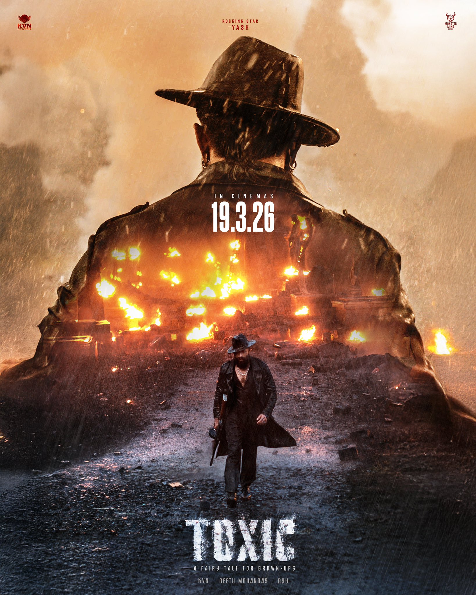 Toxic movie poster featuring Yash in a dark intense look, A Fairy Tale for Grown-Ups film releasing on 19 March 2026