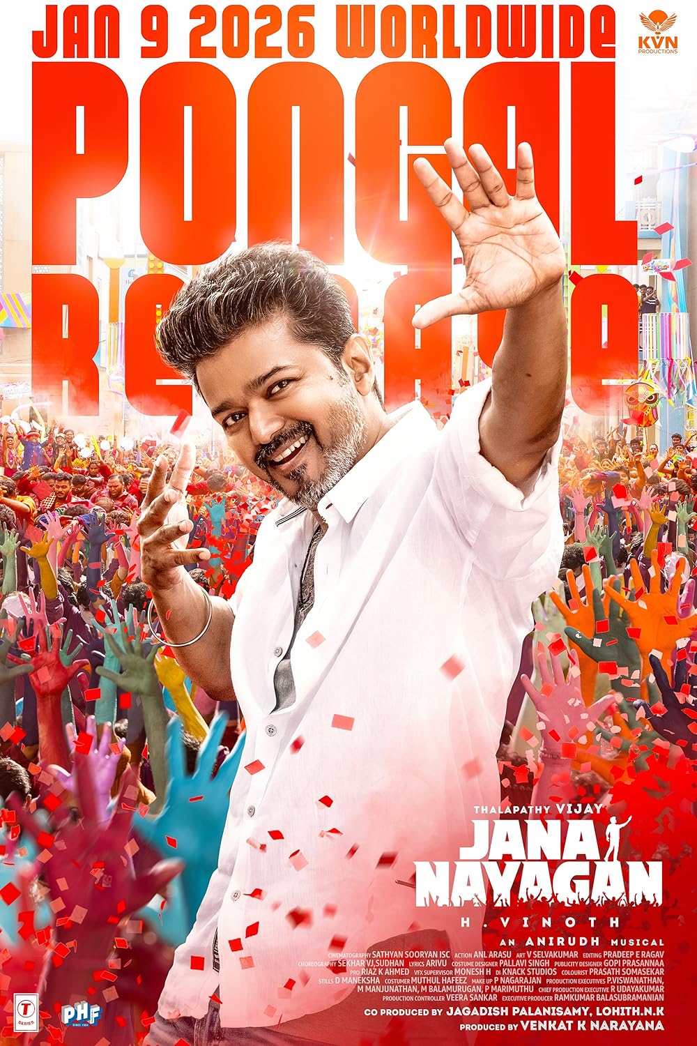 Jana Nayagan movie poster with a leader figure greeting a massive crowd, colorful celebration, Jan 9 2026 worldwide release.