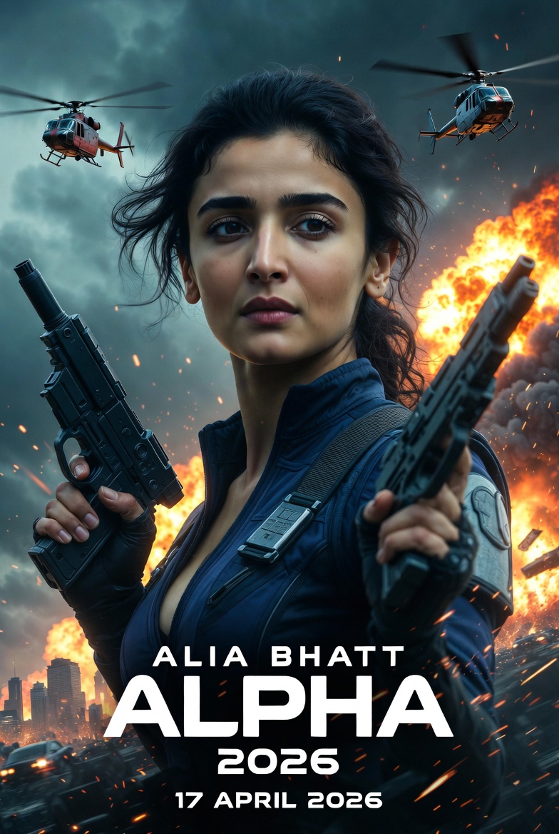 Alia Bhatt Alpha 2026 poster featuring her in a spy avatar with gadgets, explosions, and helicopters in the background