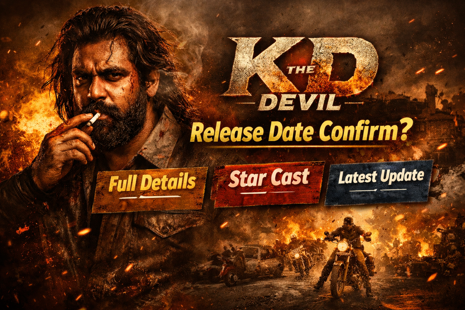 KD The Devil movie featured image showing Dhruva Sarja in intense rugged look, fiery background, action scene, and text highlighting KD The Devil Release Date, full details, star cast and latest update.