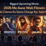 Biggest upcoming movie 2026 poster featuring Toxic, Drishyam 3, Peddi, Jailer 2 and Kattalan shown on cinema screen with audience.