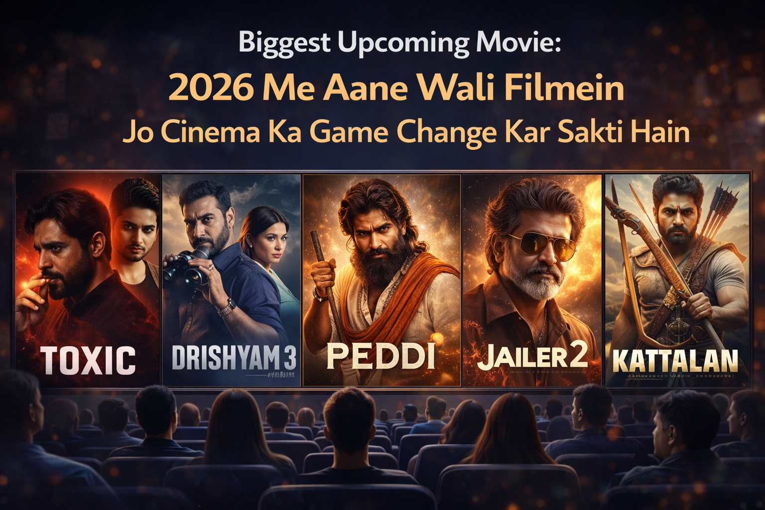Biggest upcoming movie 2026 poster featuring Toxic, Drishyam 3, Peddi, Jailer 2 and Kattalan shown on cinema screen with audience.