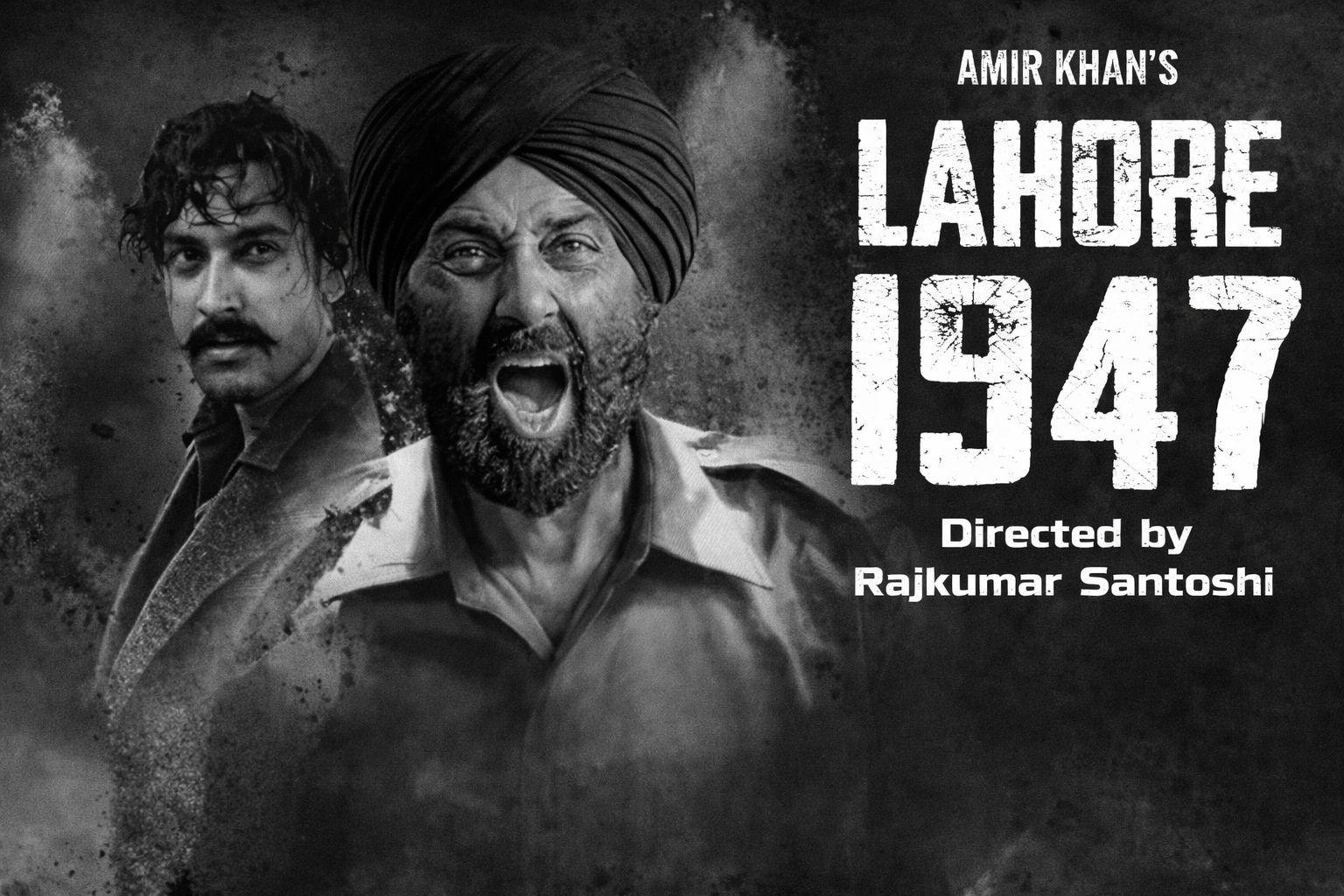 Lahore 1947 Movie Overview poster showing Sunny Deol in an intense role with a dramatic black-and-white background based on Partition era story